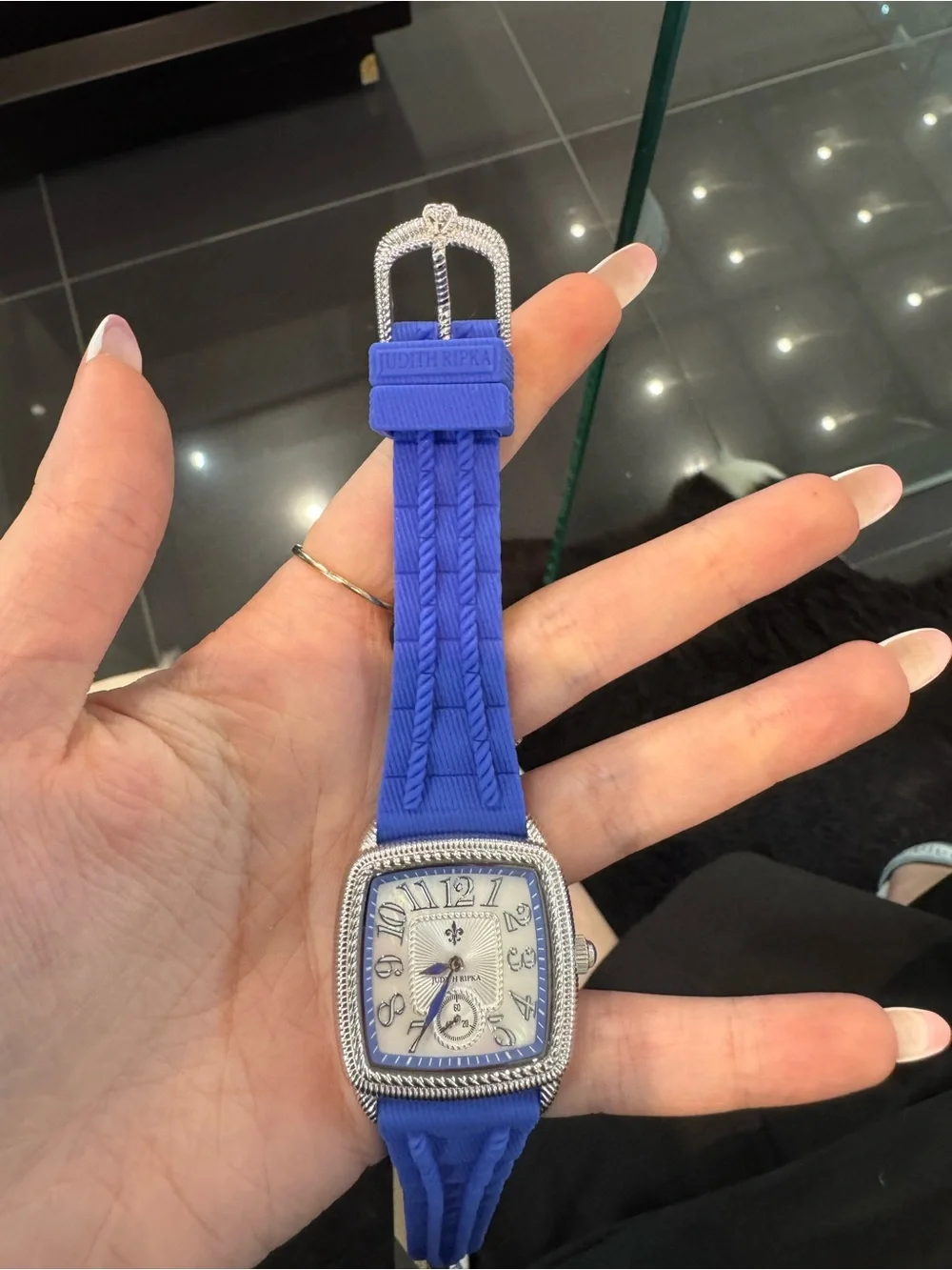 Judith Ripka Stainless Steel Square Watch w/ Purple Silicone Strap & Accent Dial